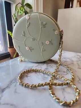 Embroidered Round Crossbody Bag in Sage Green